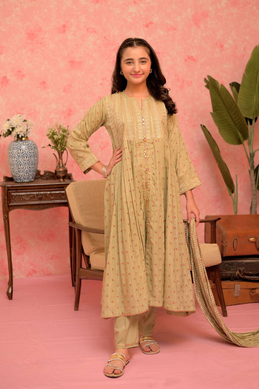 Viscose Cotton Filament Jacquard Green Stitched Suit - Senorita