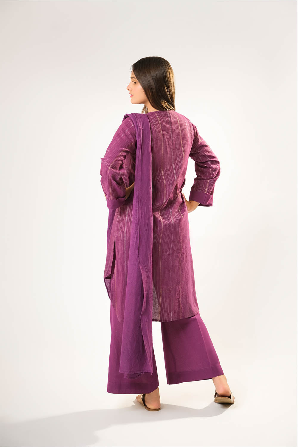 Cotton Karandi Dobby Purple & Gold Stitched Suit - Senorita