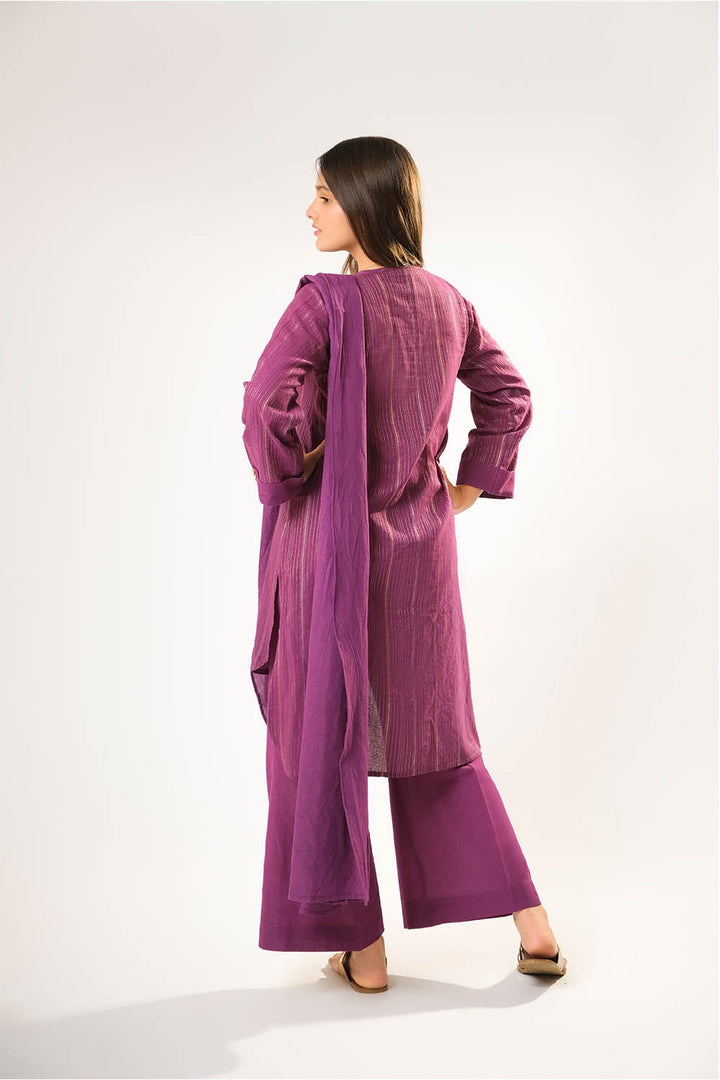 Cotton Karandi Dobby Purple & Gold Stitched Suit - Senorita