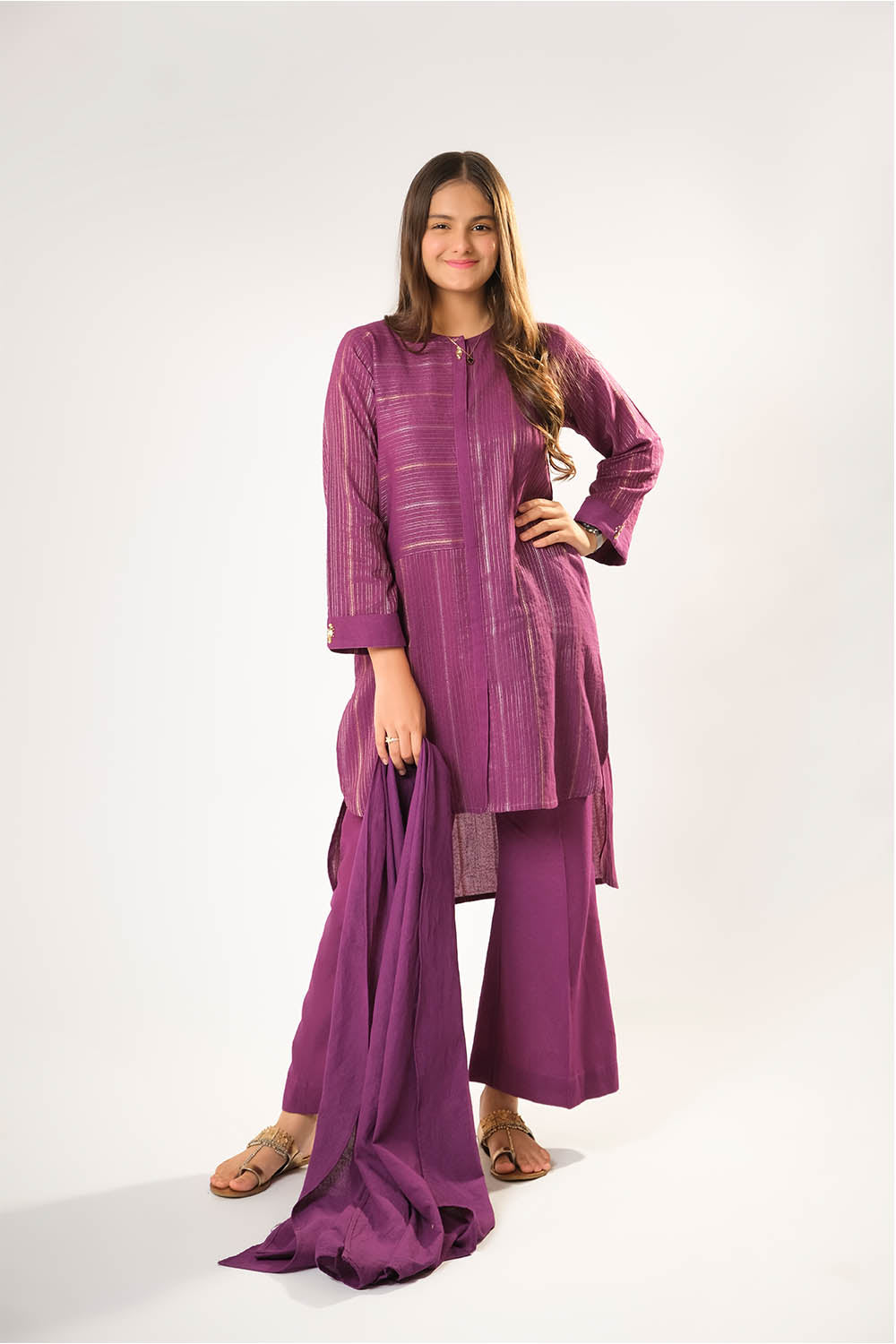 Cotton Karandi Dobby Purple & Gold Stitched Suit - Senorita