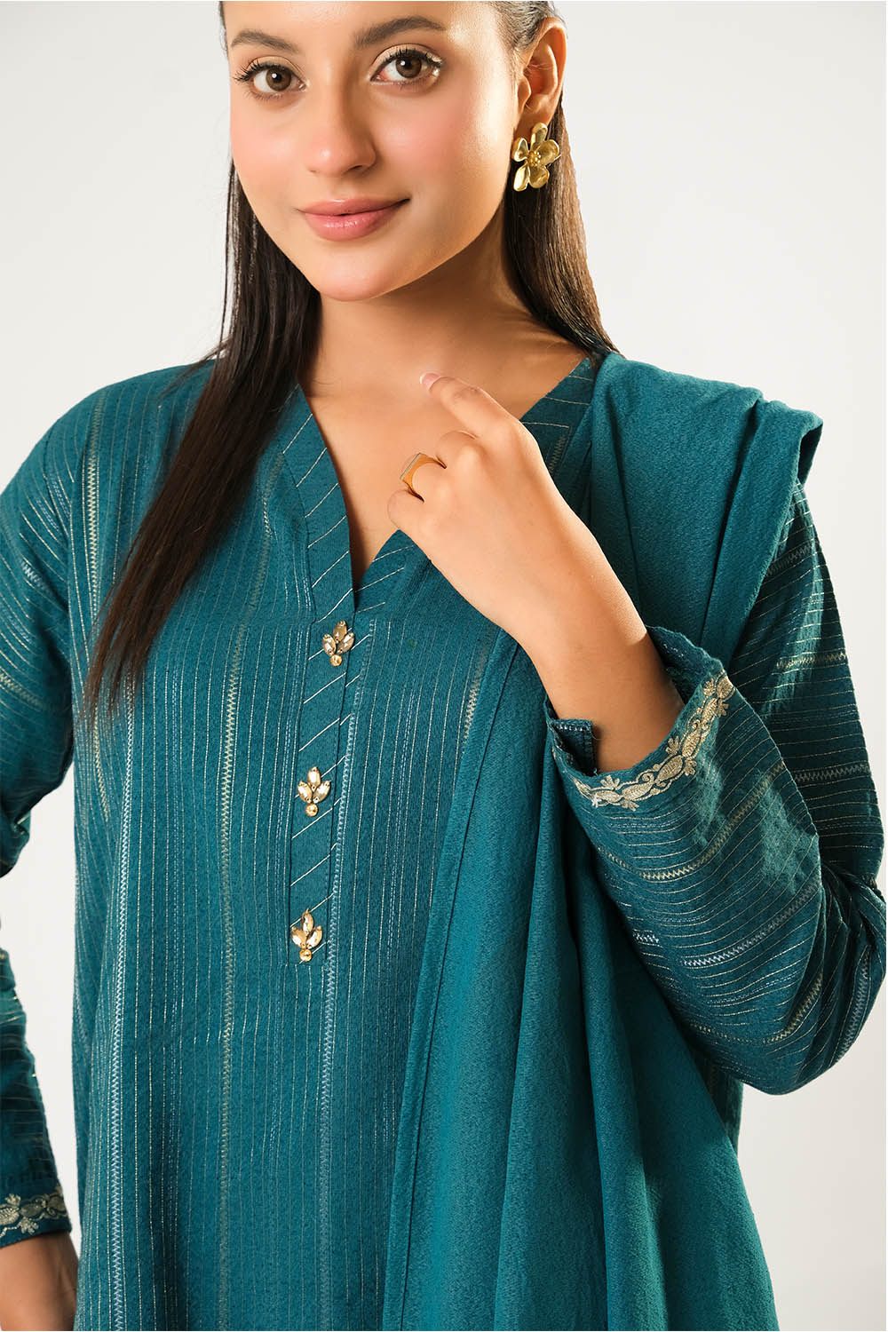 Cotton Karandi Dobby Turquoise Stitched Suit - Senorita