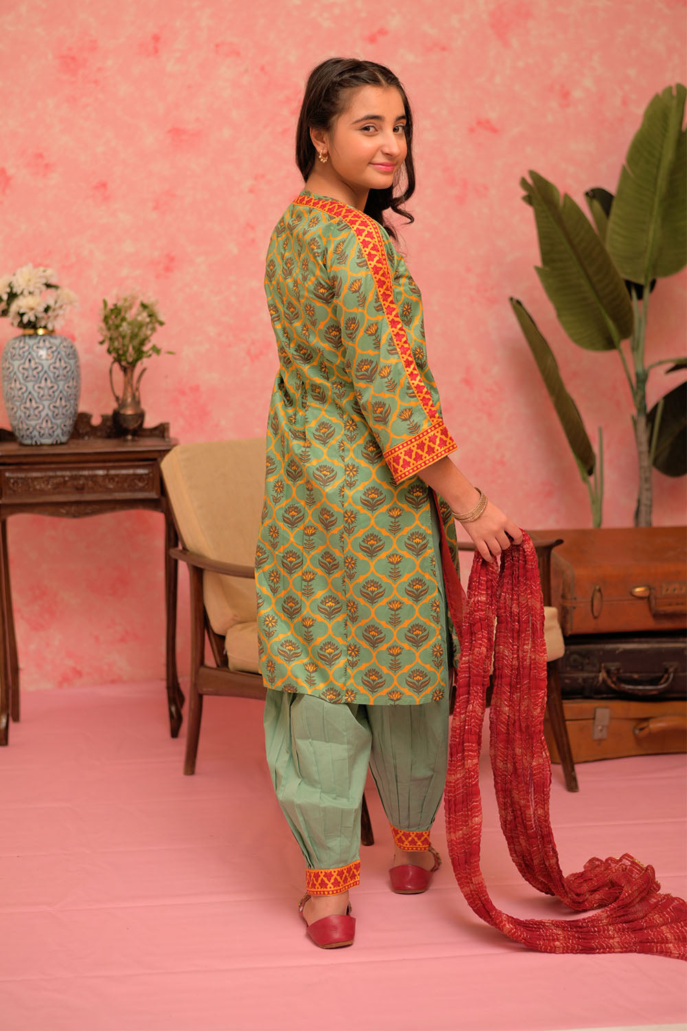 Cotton Lawn Gold Print Green Stitched Suit - Senorita