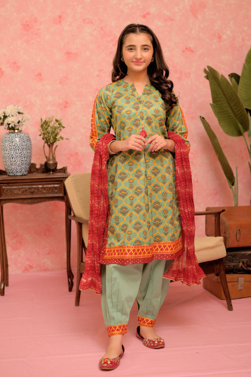 Cotton Lawn Gold Print Green Stitched Suit - Senorita