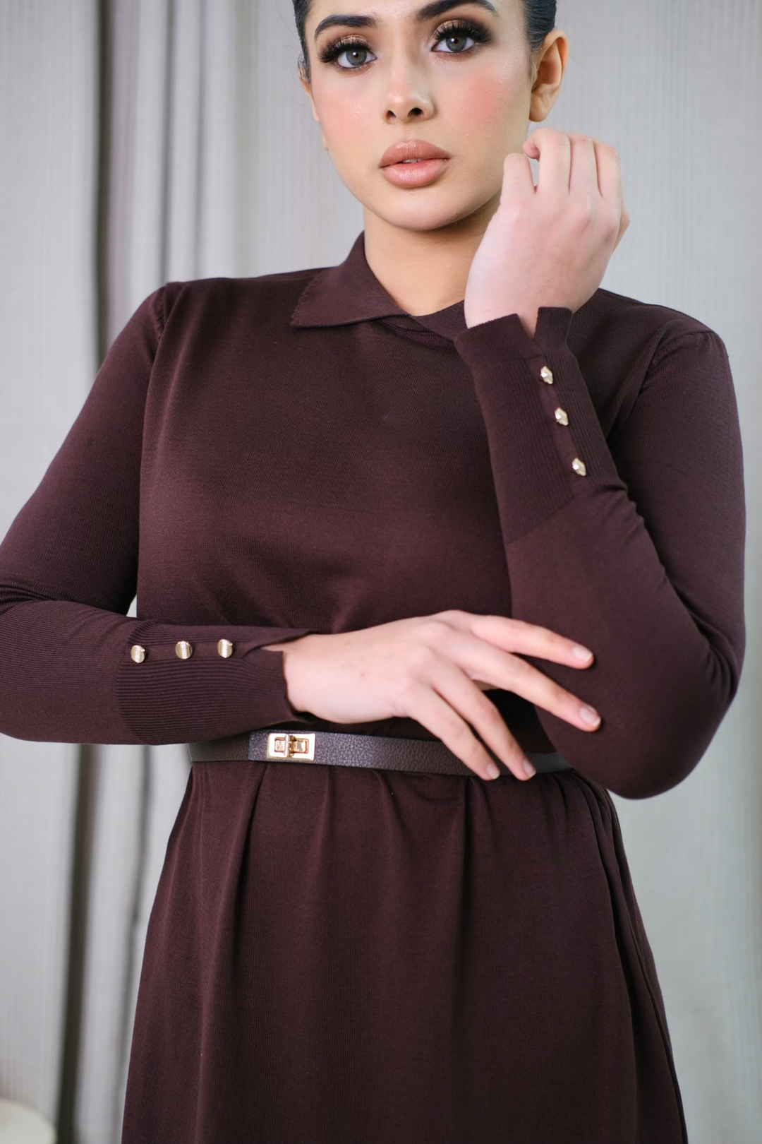 Nayla Brown Belted Dress