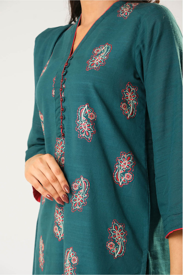Cotton Khaddar Dyed Turquoise Stitched Suit - Senorita