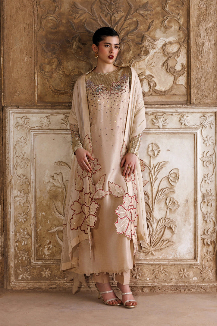 Silk & Chiffon Beige Stitched Suit - Vanya
