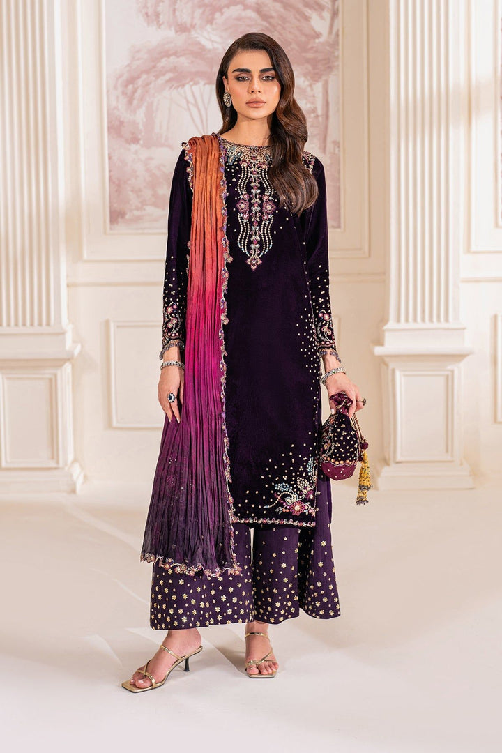 Embroidered Velvet Purple Stitched Suit - Baroque