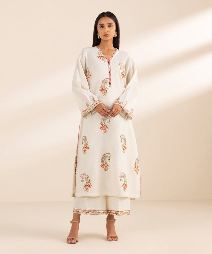 Embroidered Jacquard Off White 3 Piece Suit - Sapphire