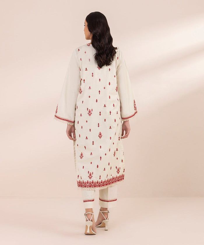 Embroidered Cotton Jacquard White Stitched Suit - Sapphire