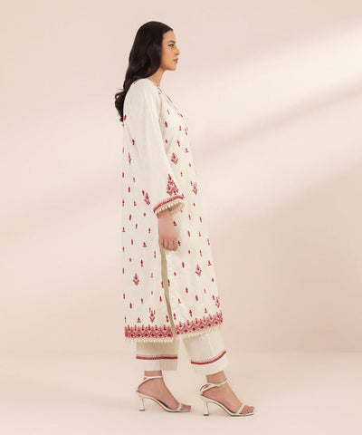 Embroidered Cotton Jacquard White Stitched Suit - Sapphire