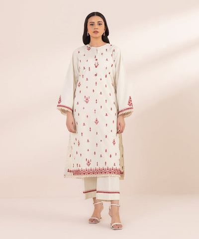 Embroidered Cotton Jacquard White Stitched Suit - Sapphire