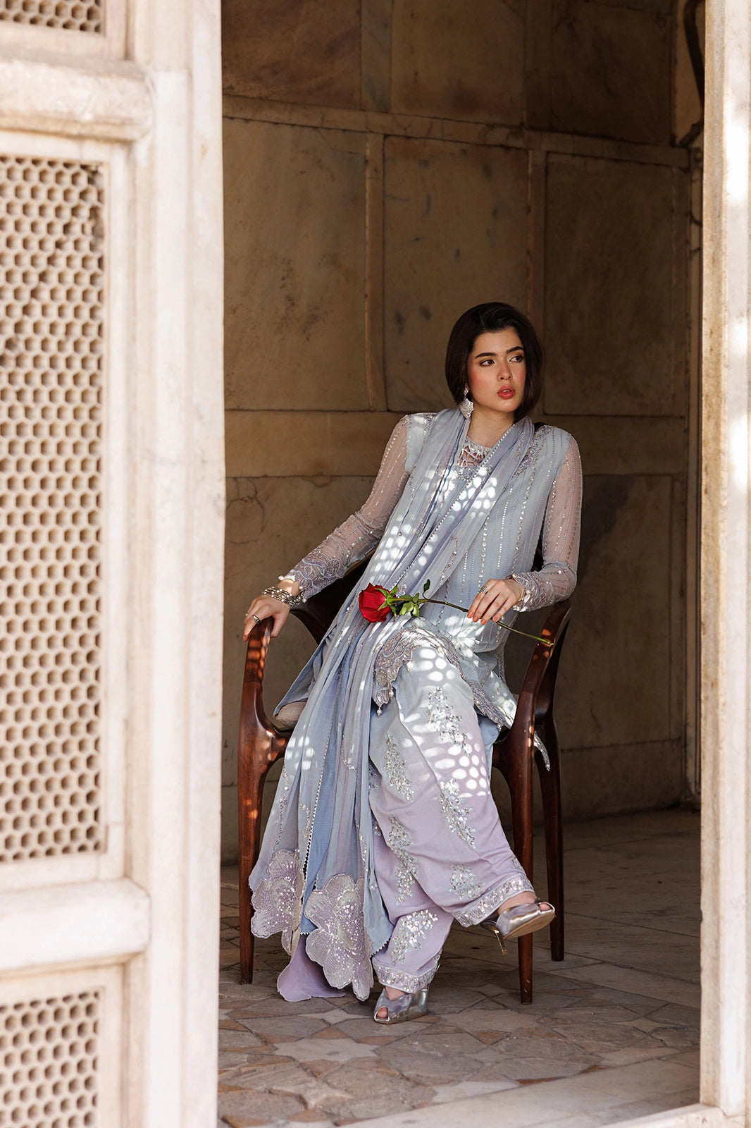 Silk & Chiffon Grey Stitched Suit - Vanya