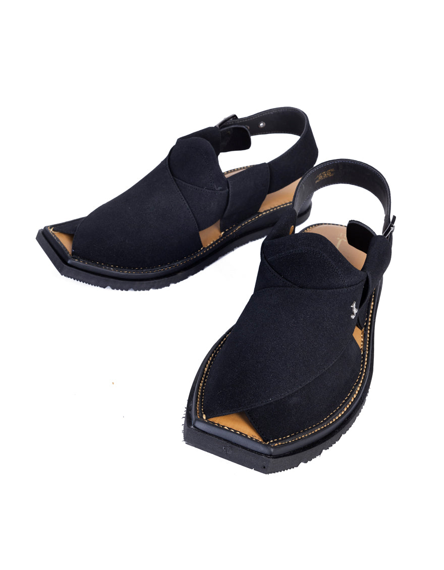 Plain Black Peshawari Chappal - J. Junaid Jamshed