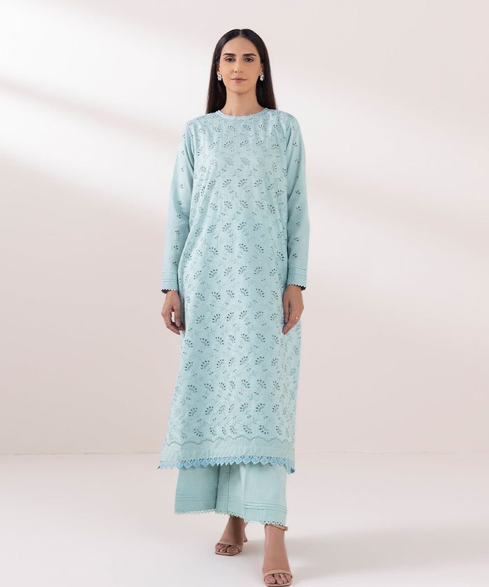 Embroidered Cotton Jacquard Sky Blue Stitched Suit - Sapphire