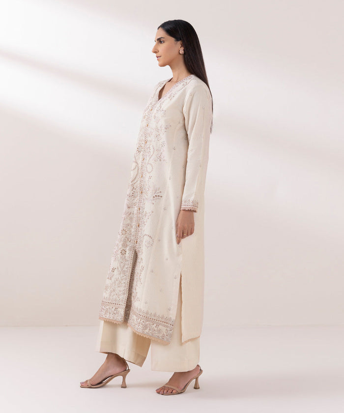 Embroidered Zari Lawn Beige Stitched Suit - Sapphire