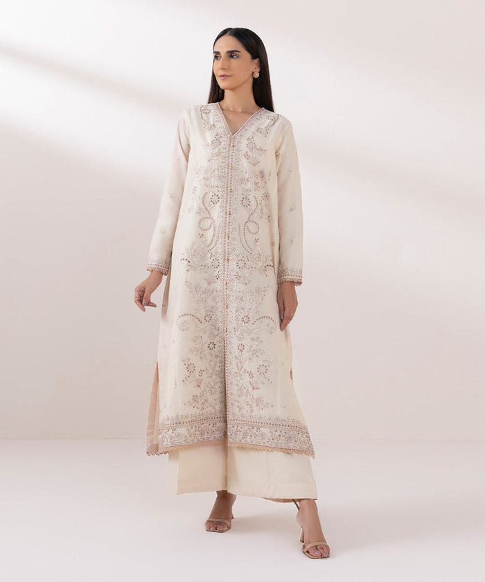 Embroidered Zari Lawn Beige Stitched Suit - Sapphire