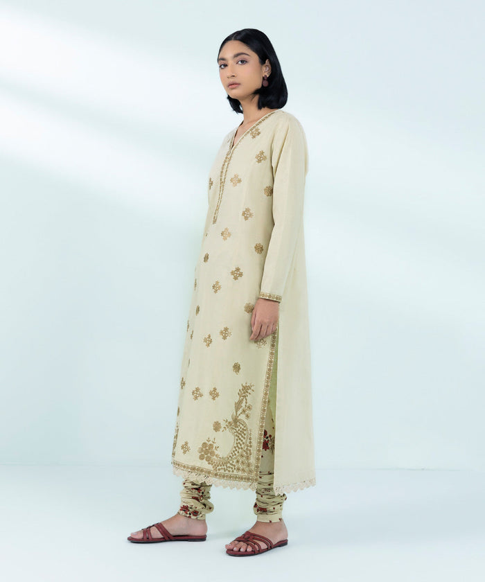 Embroidered Cotton Jacquard Beige Stitched Suit - Sapphire