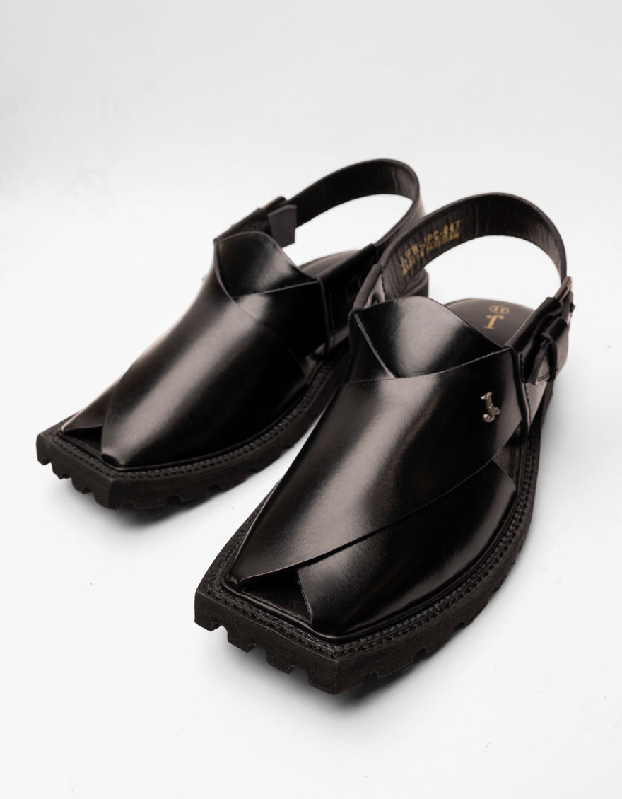 Shiny Black Peshawari Chappal - J. Junaid Jamshed