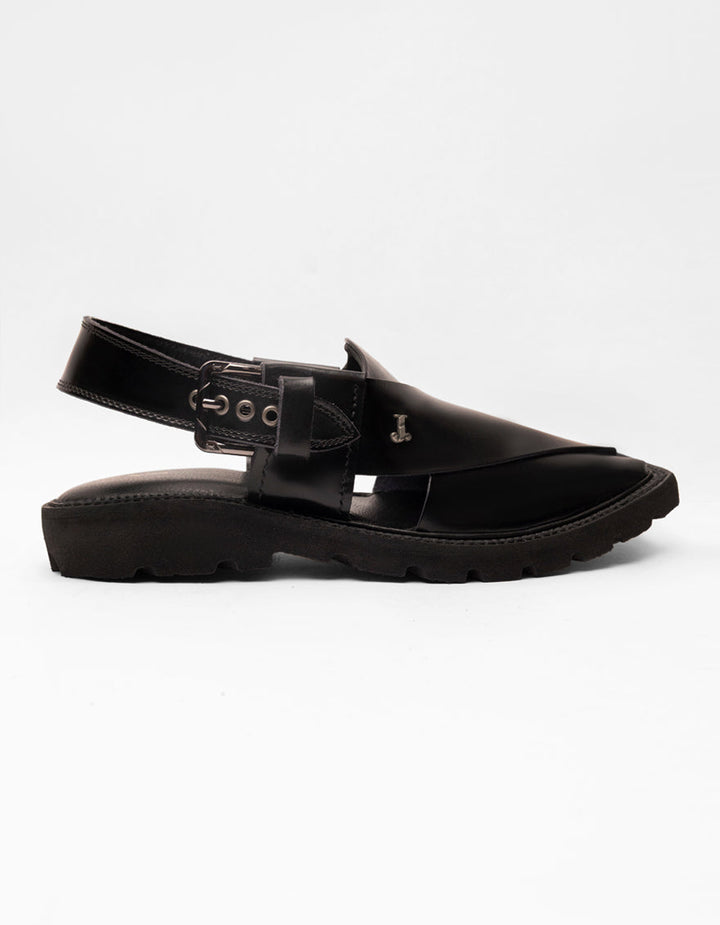 Shiny Black Peshawari Chappal - J. Junaid Jamshed