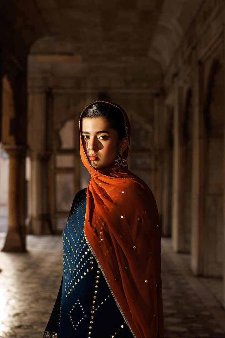 Silk & Chiffon Navy Blue Stitched Suit - Vanya
