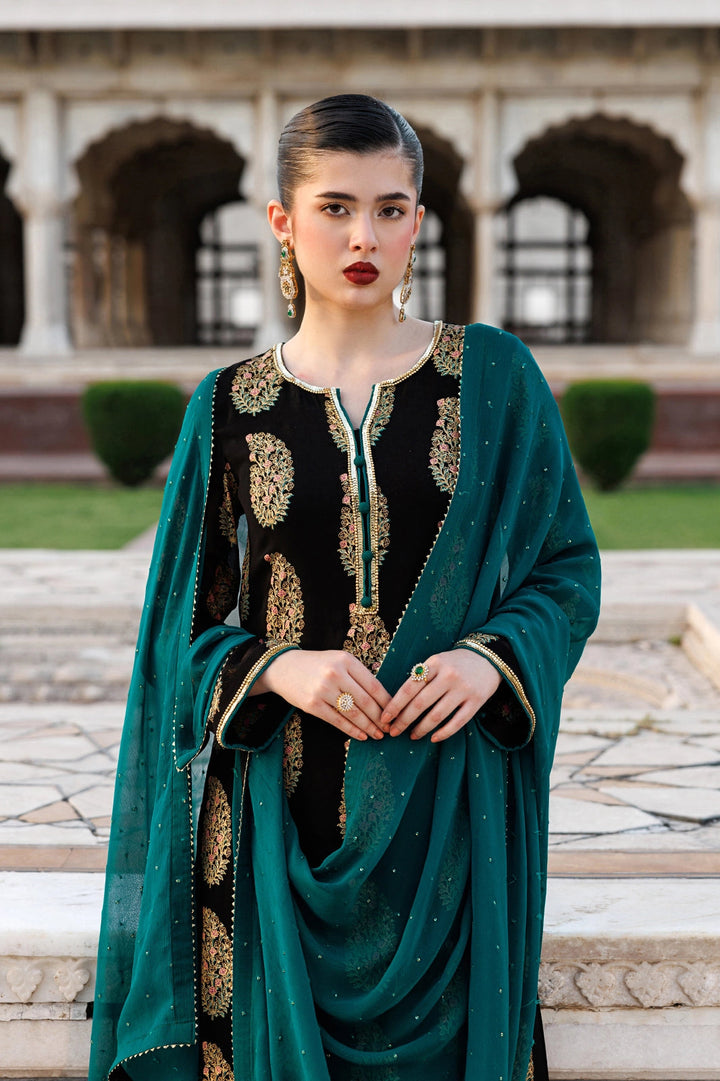 Silk & Chiffon Black Stitched Suit - Vanya