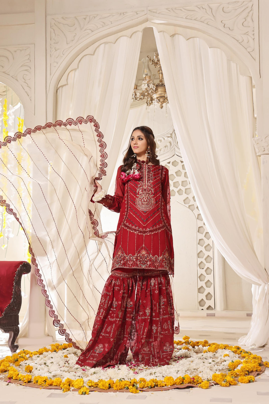 Cotton Net Maroon 3 Piece Stitched Suit - Khas