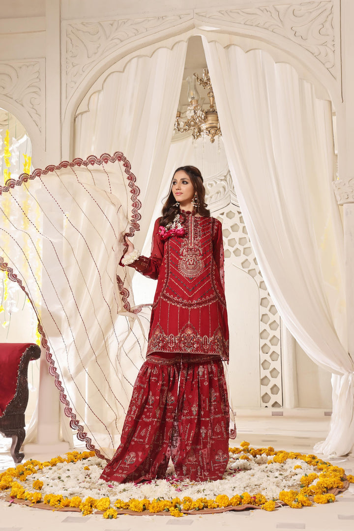 Cotton Net Maroon 3 Piece Stitched Suit - Khas
