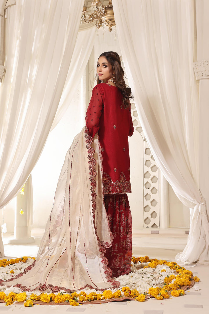 Cotton Net Maroon 3 Piece Stitched Suit - Khas