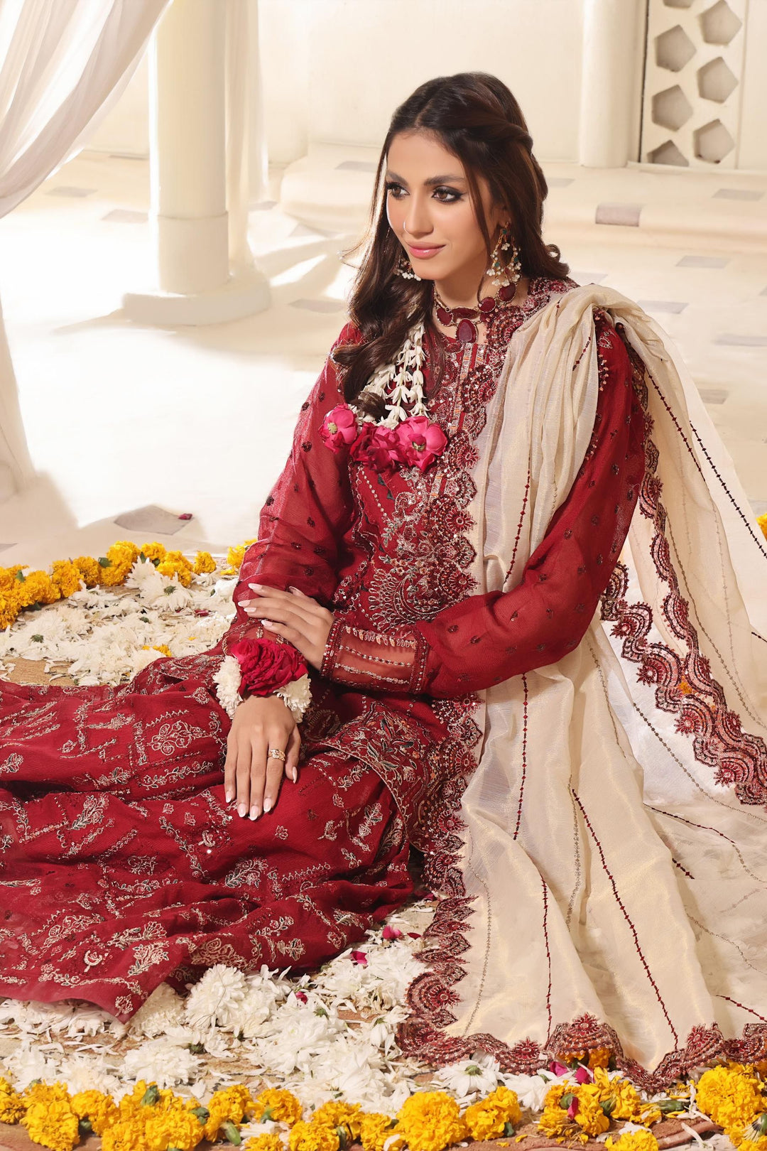 Cotton Net Maroon 3 Piece Stitched Suit - Khas