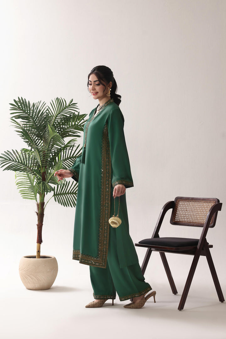 Linen Bottle Green Stitched Suit  - Raqsam