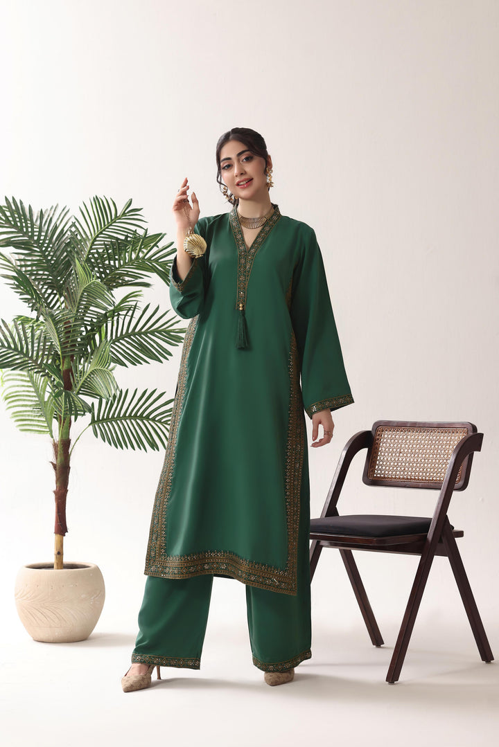 Linen Bottle Green Stitched Suit  - Raqsam