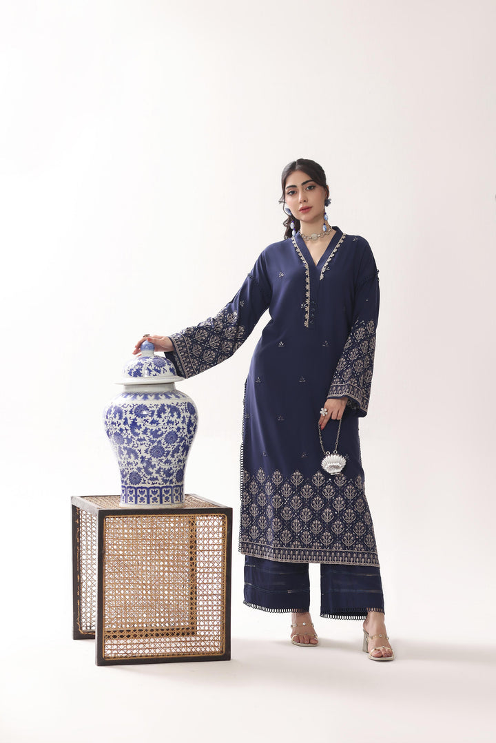 Linen Blue Stitched Suit  - Raqsam