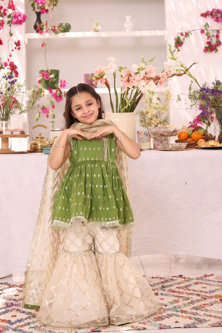 Cotton & Organza Lorex Gharara Suit Leaf Green - Sana's