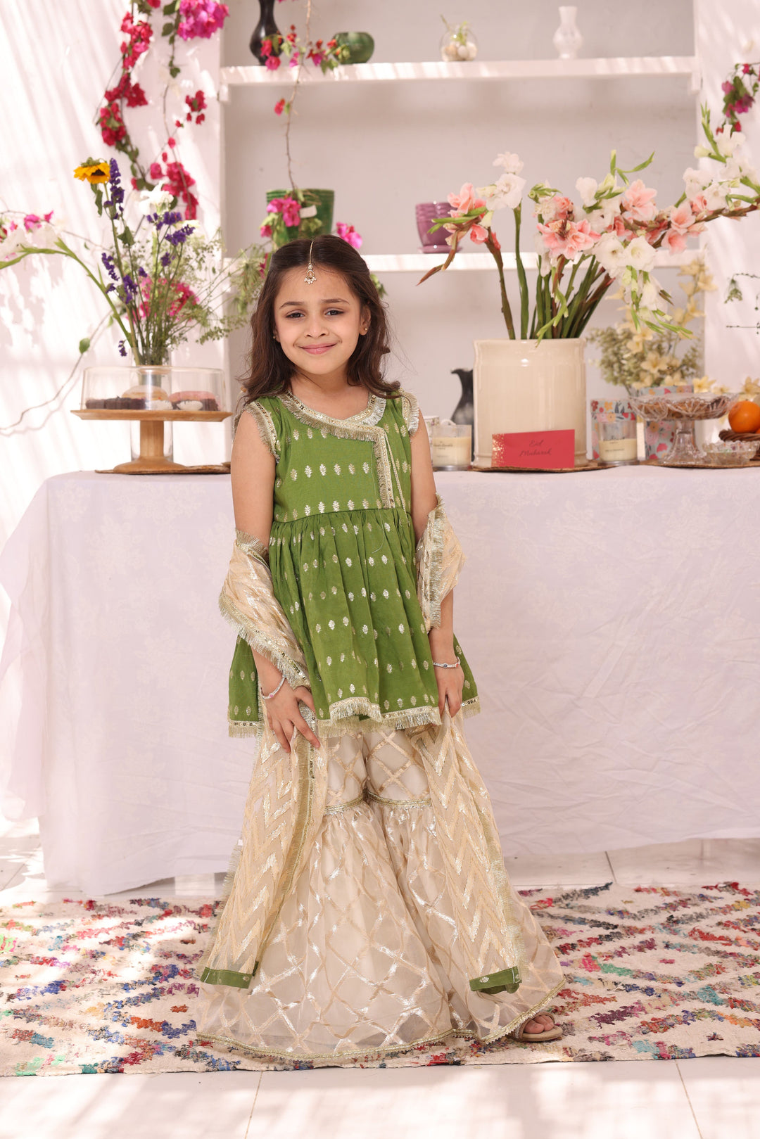 Cotton & Organza Lorex Gharara Suit Leaf Green - Sana's