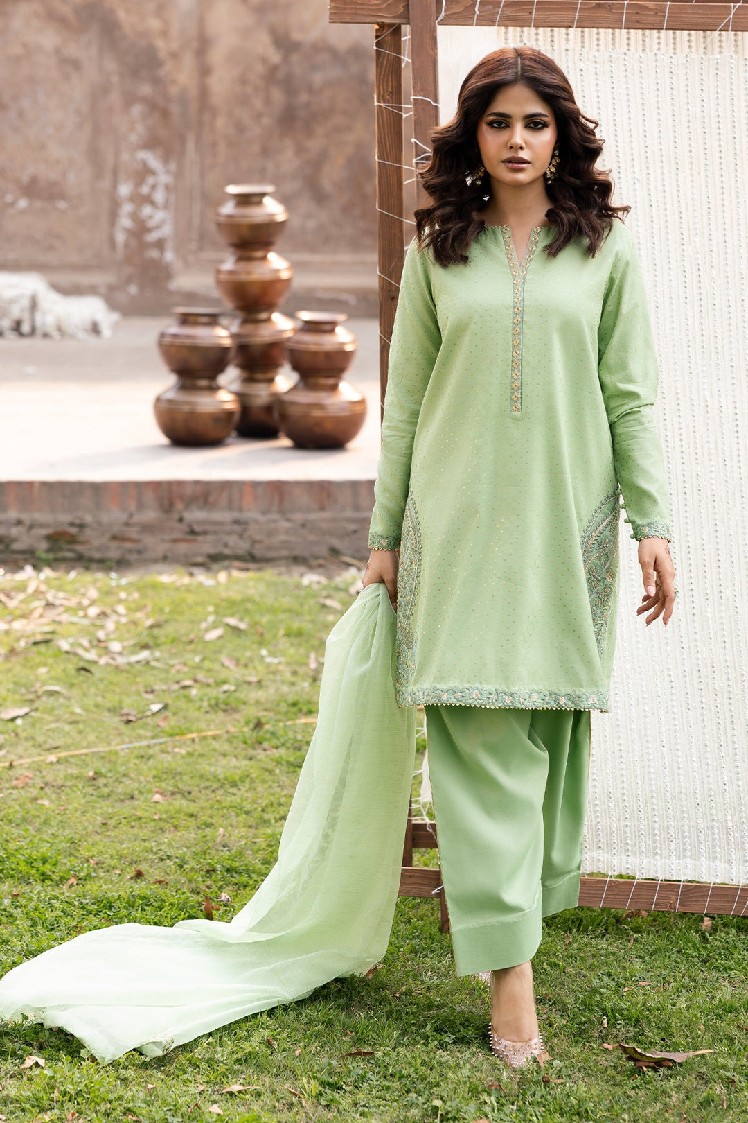 Raw Silk Mint Green Stitched Suit - Charizma