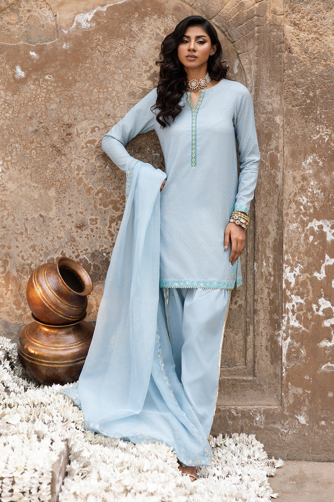 Raw Silk Sky Blue Stitched Suit - Charizma
