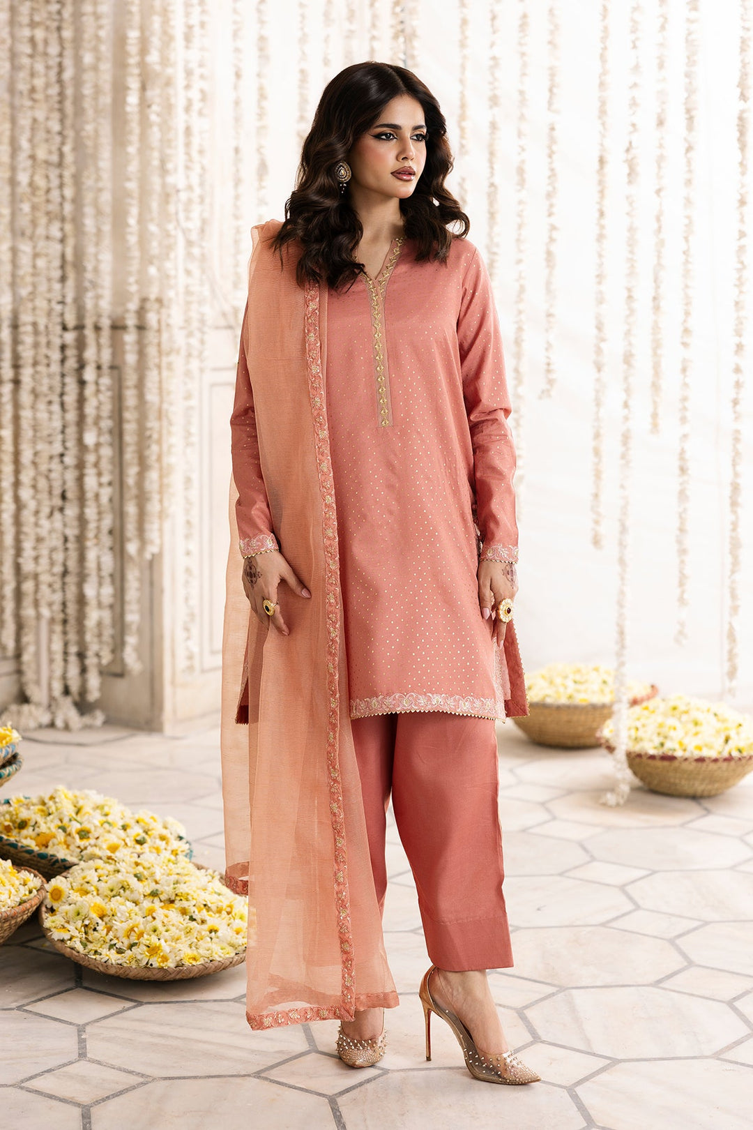 Raw Silk Peach Stitched Suit - Charizma