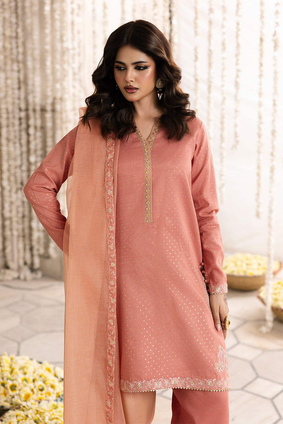 Raw Silk Peach Stitched Suit - Charizma