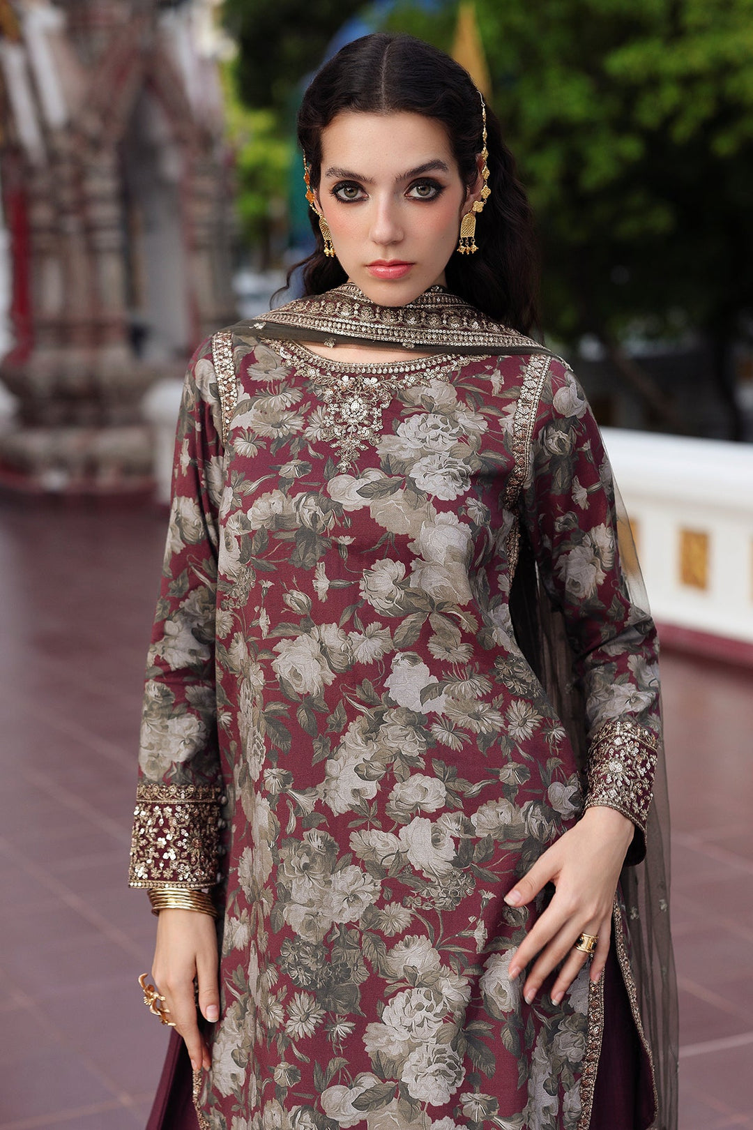 Embroidered Raw Silk Maroon Stitched Suit - Charizma