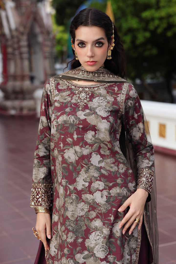 Embroidered Raw Silk Maroon Stitched Suit - Charizma