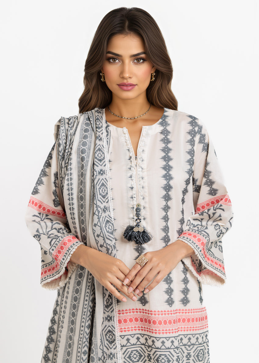 Jacquard Off White Stitched Suit - Bonanza