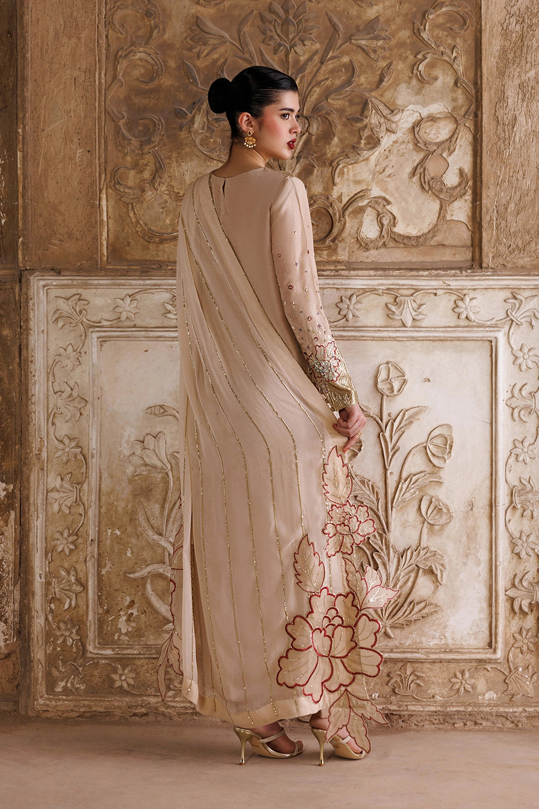 Silk & Chiffon Beige Stitched Suit - Vanya