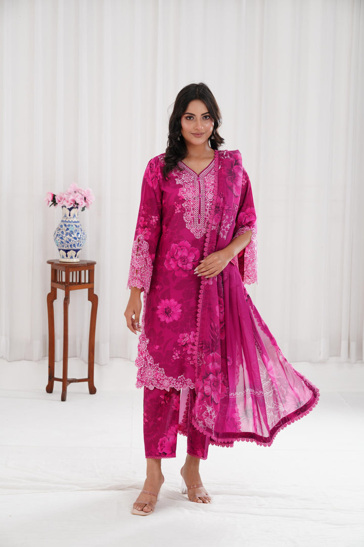 Fuchsia Flare - Farasha Printed Essentials Stitched