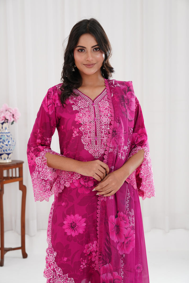 Fuchsia Flare - Farasha Printed Essentials Stitched