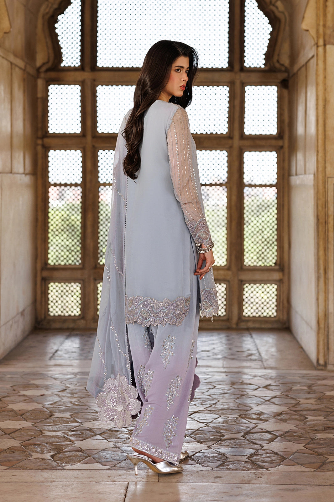 Silk & Chiffon Grey Stitched Suit - Vanya