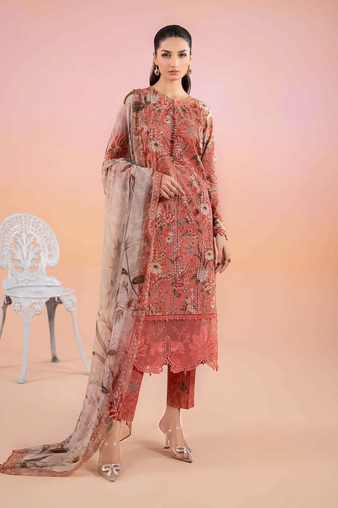 Printed Lawn Dark Peach Stitched Suit - Maria B M Prints