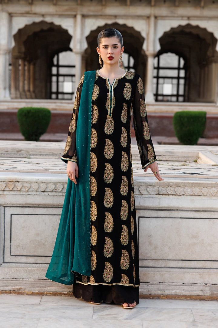 Silk & Chiffon Black Stitched Suit - Vanya
