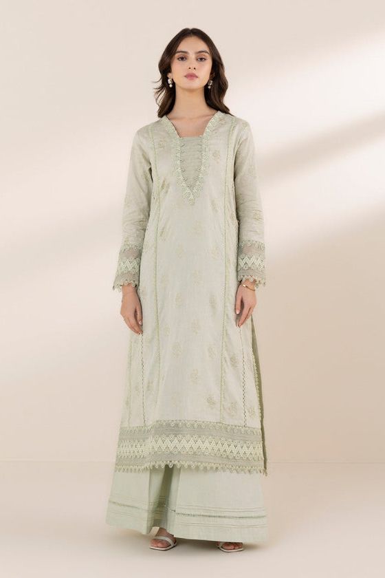 Printed Jacquard Pista Green 3 Piece Suit - Sapphire