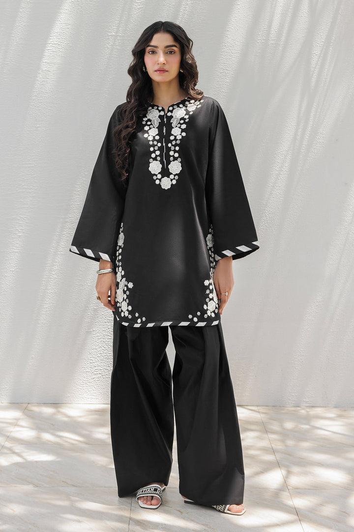Embroidered Cotton Black & White Stitched Suit - Charizma