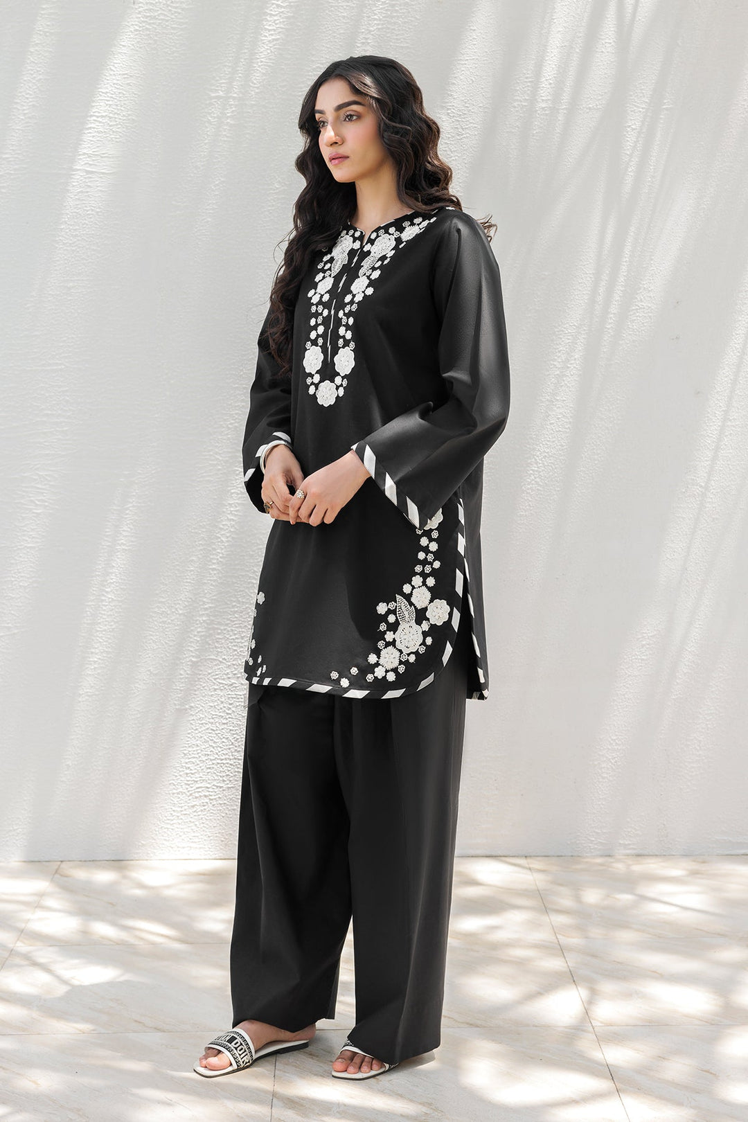 Embroidered Cotton Black & White Stitched Suit - Charizma